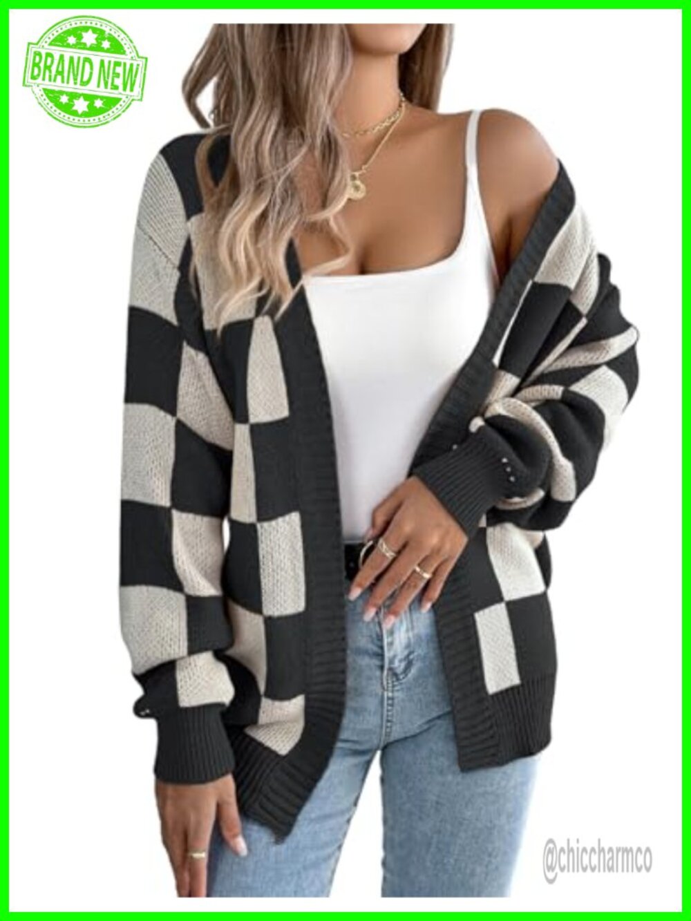 Oversized Checkered Cardigan Sweater V-Neck Lantern Sleeve Knit